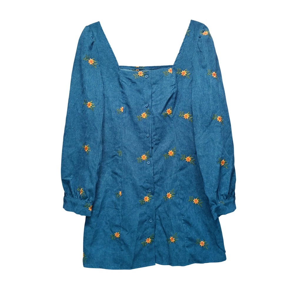 NWT Cider Teal Blue Corduroy Floral Mini Dress Womens M Square Neck Cottage